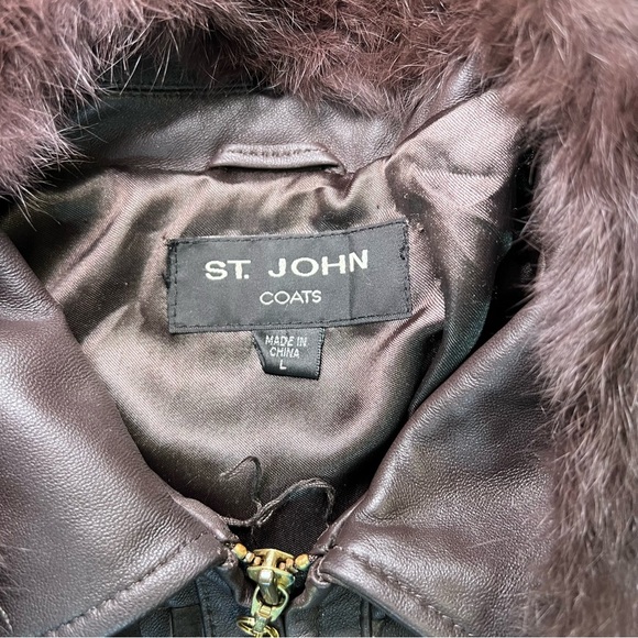 ST. JOHN - WOVEN LEATHER JACKET - WITH REMOVABLE RABBIT FUR COLLAR- WOMENS LARGE - Picture 11 of 15